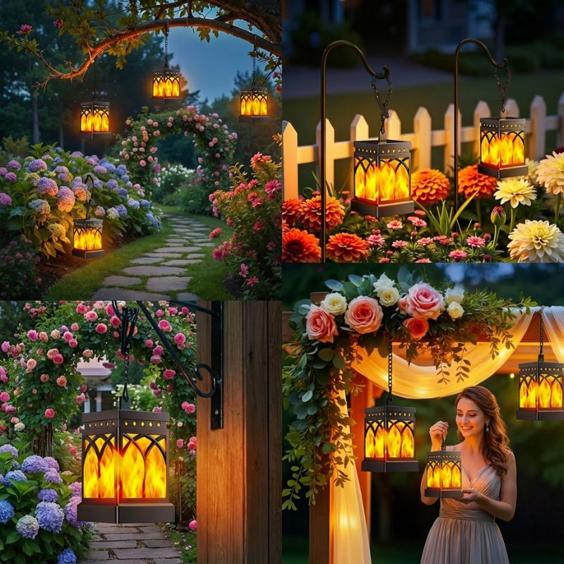 Collage of decorative lanterns in a garden setting with flowers and a woman holding one.