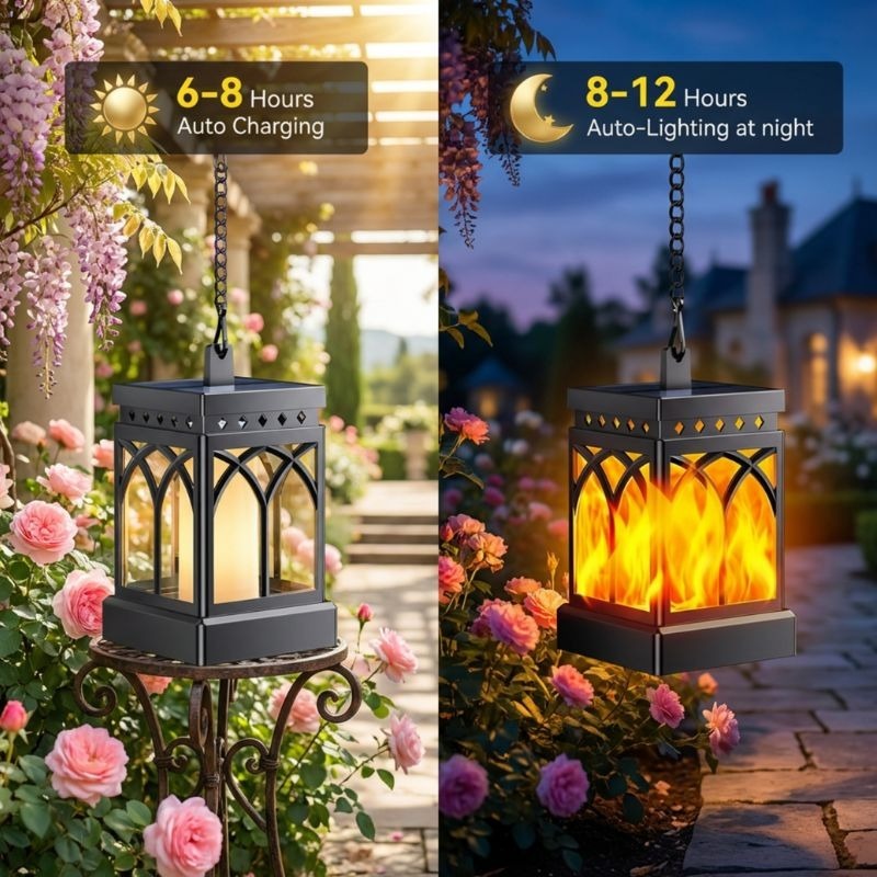 Solar-powered lantern with charging and lighting duration indicators in a garden setting.