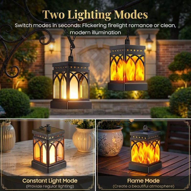 Outdoor lantern with two lighting modes displayed in a garden setting.