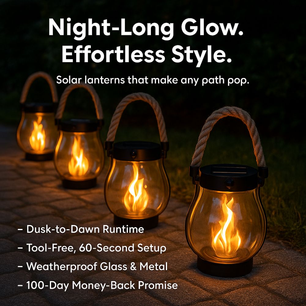 Solar lanterns on a stone path with glowing flames, set against a dark background.
