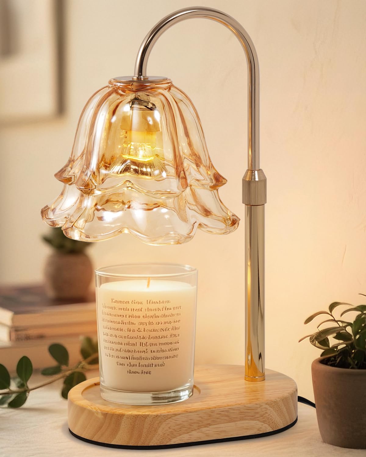 Decorative table lamp with glass shade and wooden base on a surface.