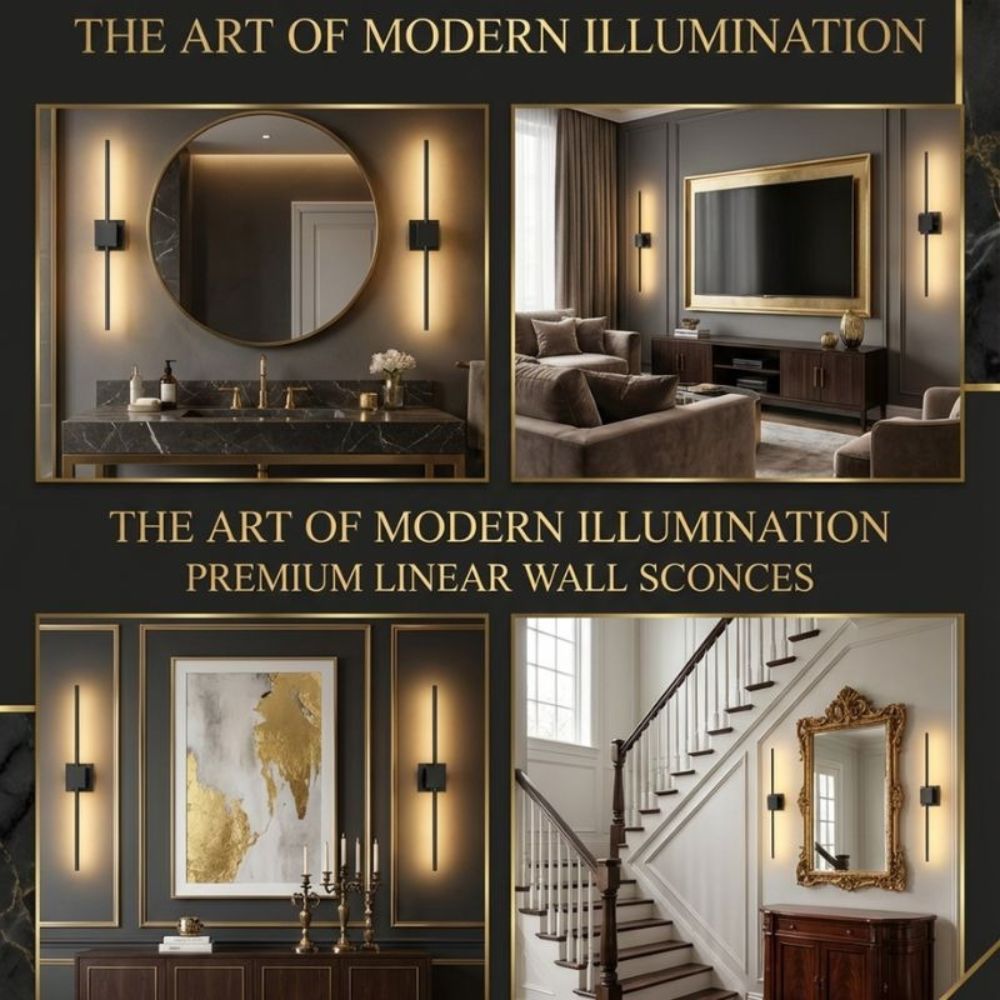 Advertisement for 'The Art of Modern Illumination' featuring wall sconces in various interior settings.
