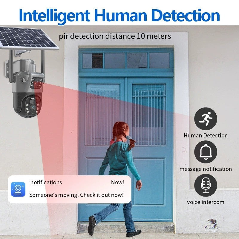 Security camera with intelligent human detection feature, showing a person approaching a door.