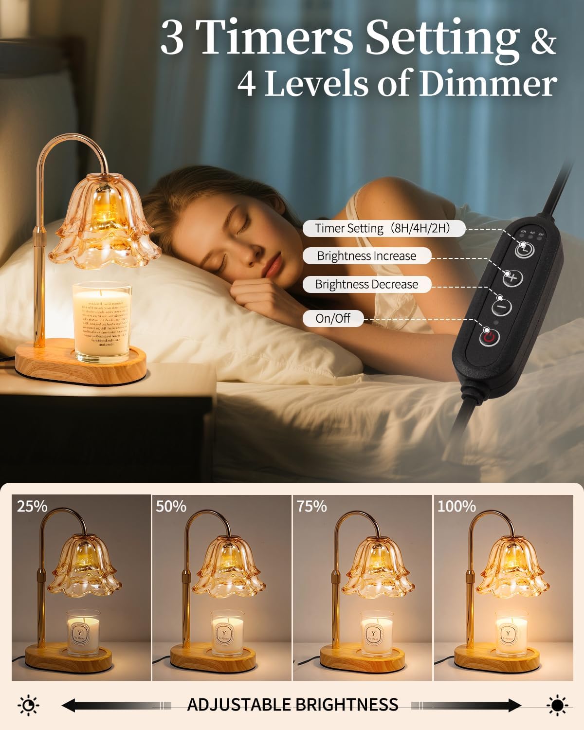 Lamp with adjustable brightness and timers next to a person sleeping, with close-up of lamp and control panel.