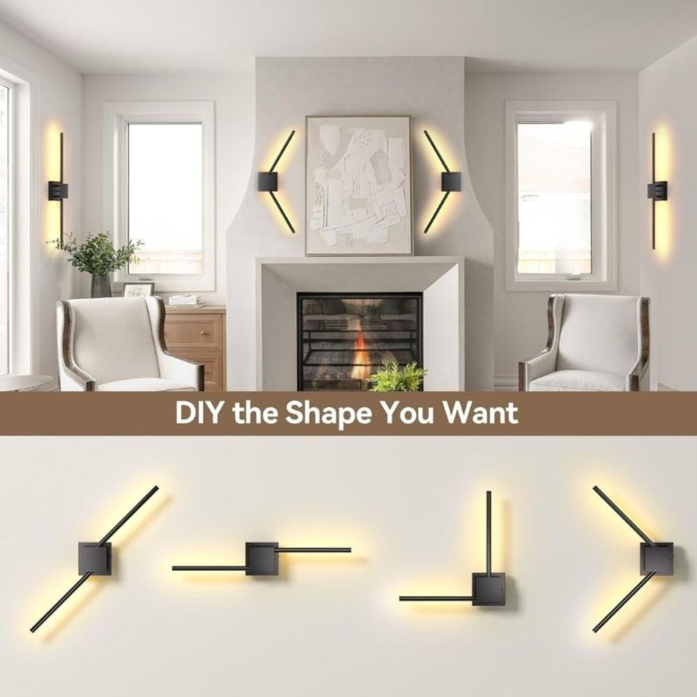 Modern wall sconces in a living room setting with DIY text overlay.