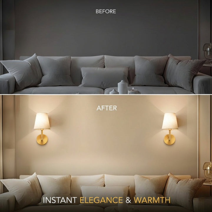 Before and after comparison of a living room with wall lights and text &