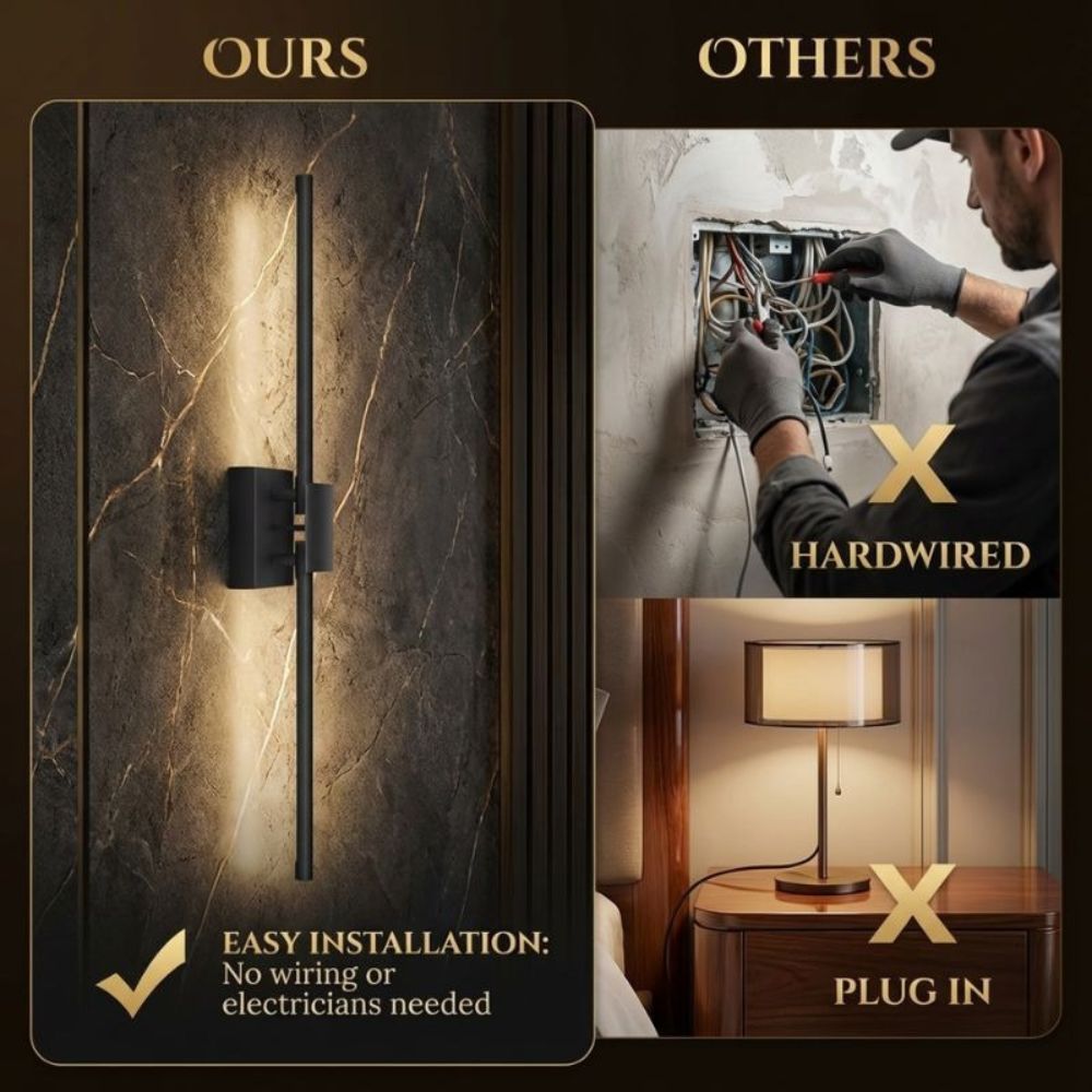 Comparison of wall-mounted light fixture with 'Ours' and 'Others' options, highlighting ease of installation.