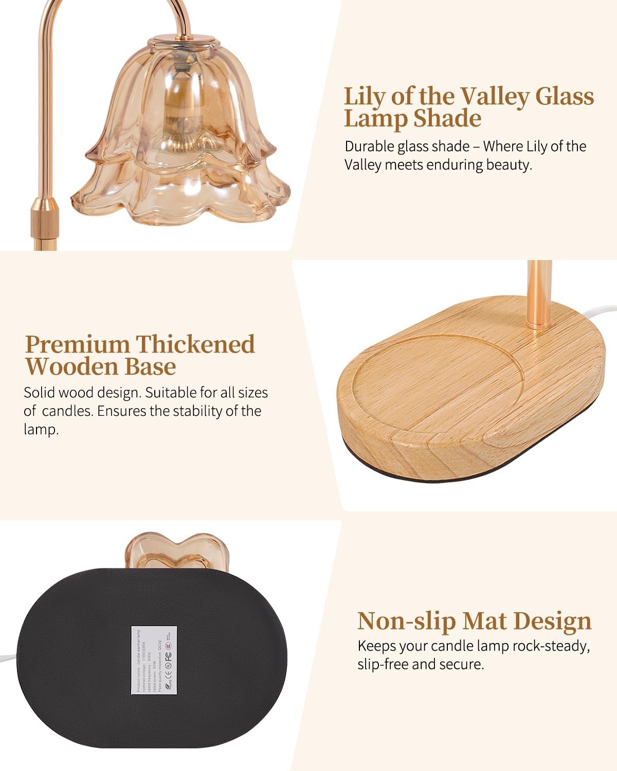 Lily of the Valley glass lamp shade with wooden base and non-slip mat design on a light beige background.