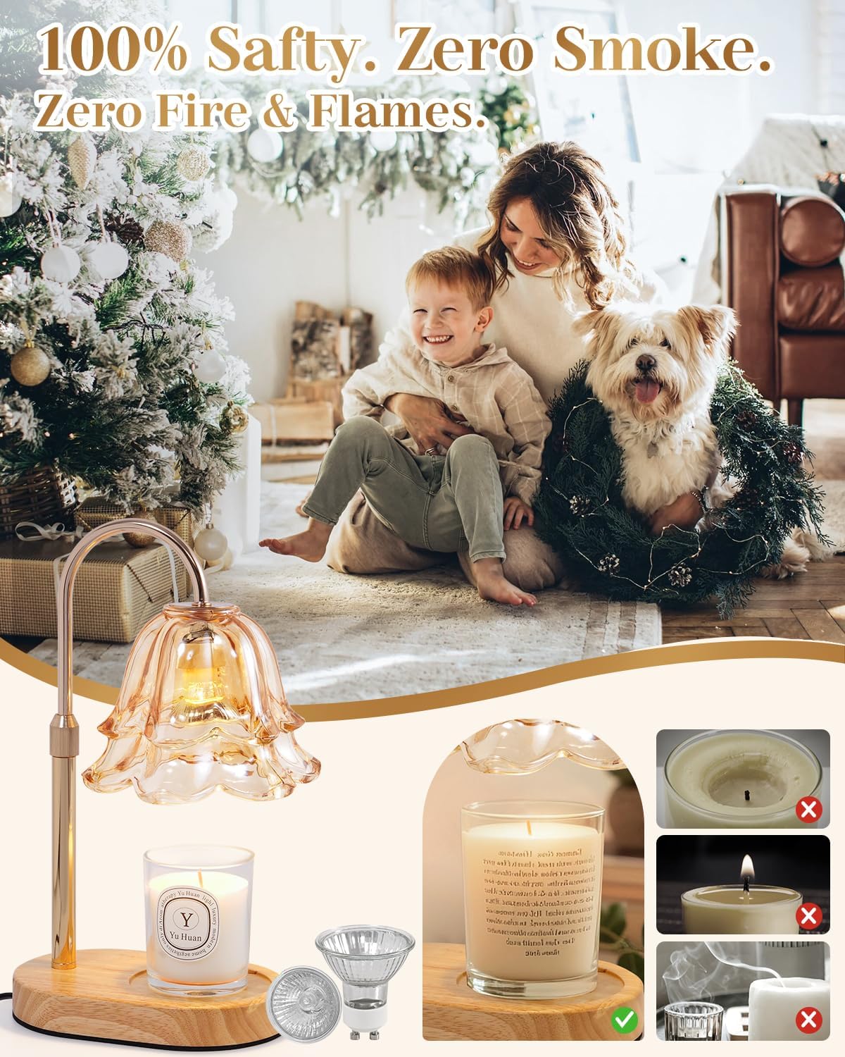Woman, child, and dog sitting together with a decorative lamp and candles on a table.