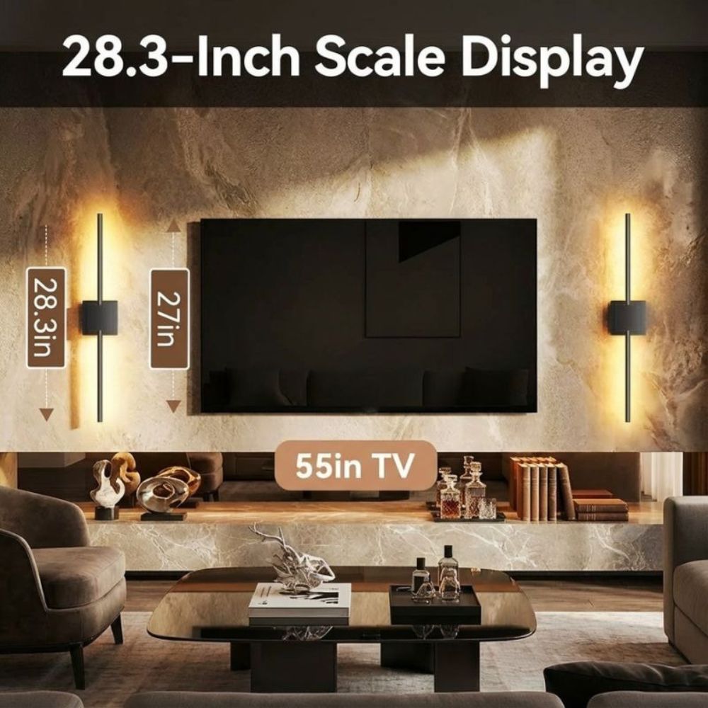 Living room with a 55-inch TV and scale display on the wall.
