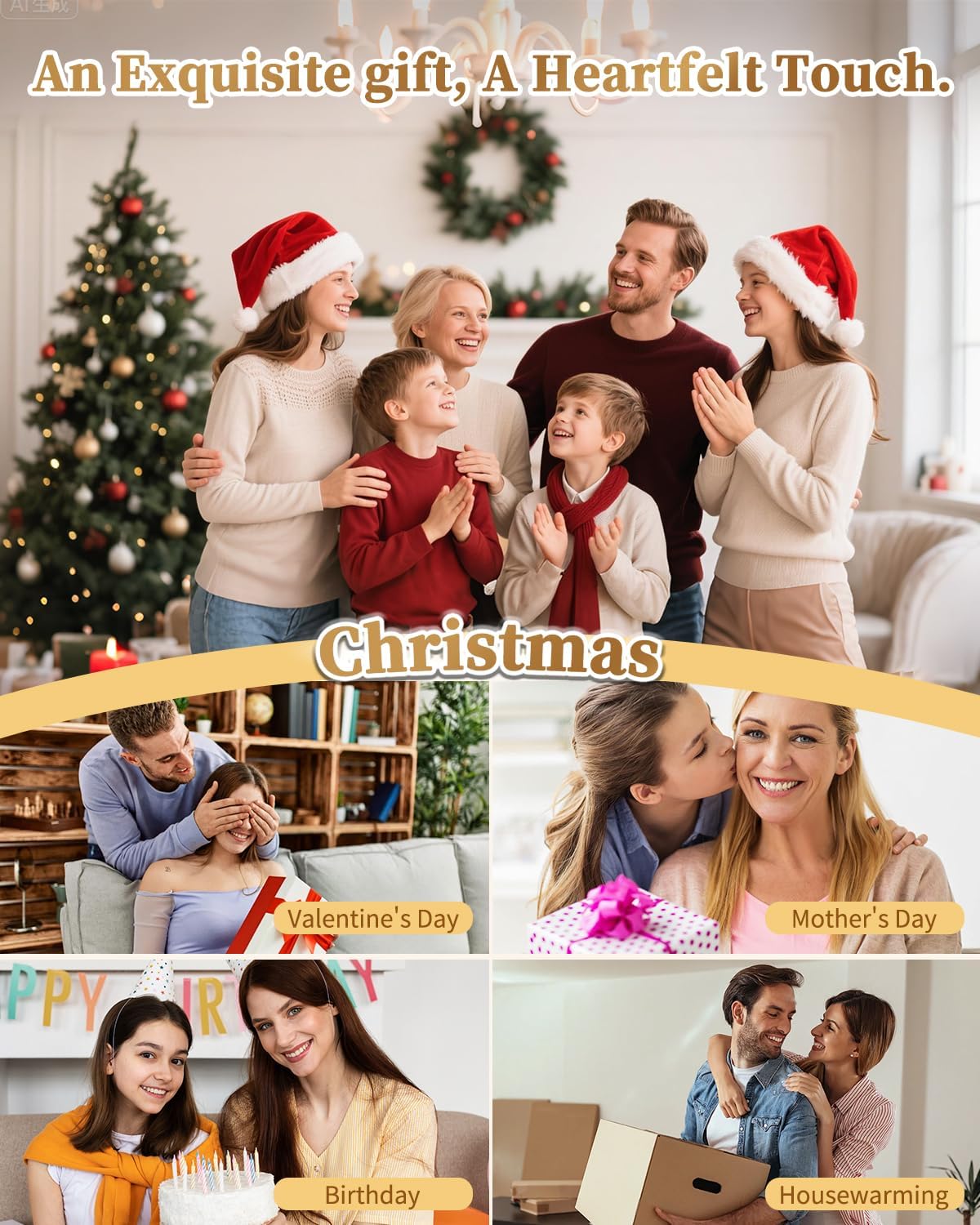 Family celebrating Christmas with festive decorations, surrounded by images of other holidays.