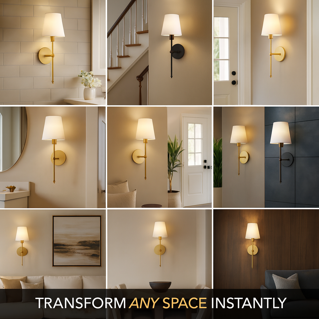 Collage of wall sconces in various indoor settings with text &