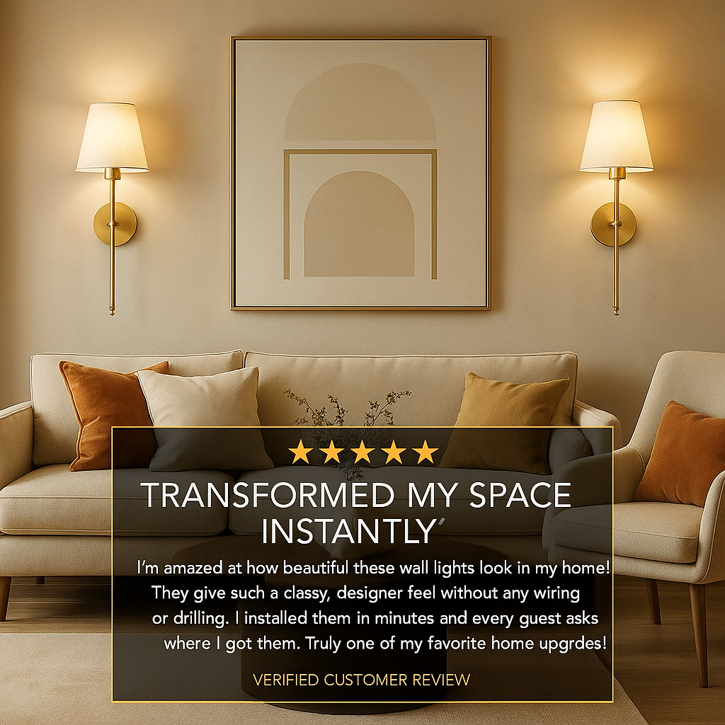 Modern living room with wall lights, framed art, and a sofa with pillows.
