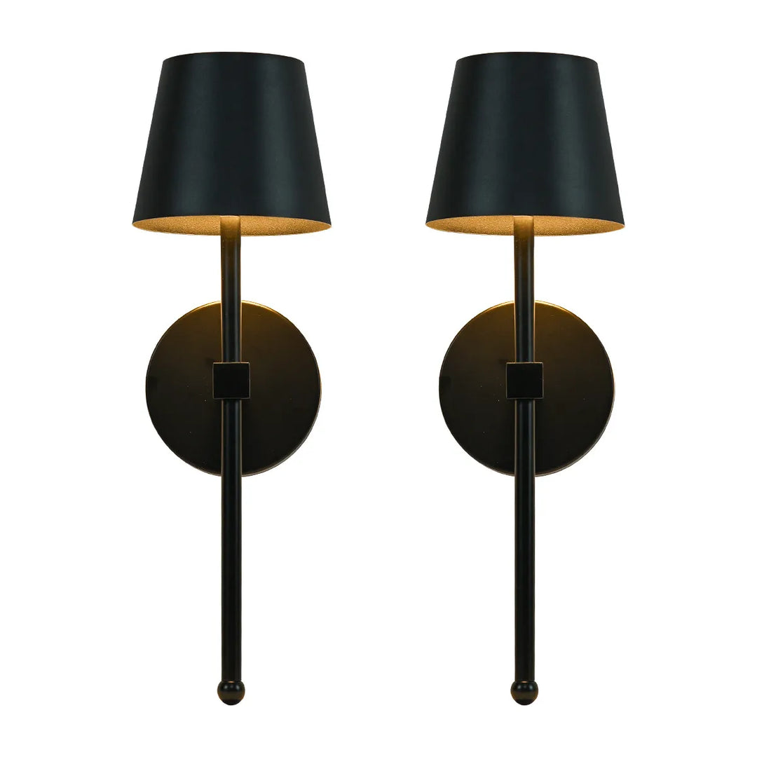 Two black wall sconce with gold accents on a white background