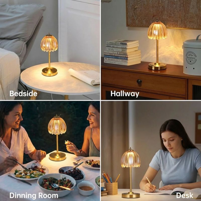 Rechargeable table lamp with green tulip glass design in a modern interior.
