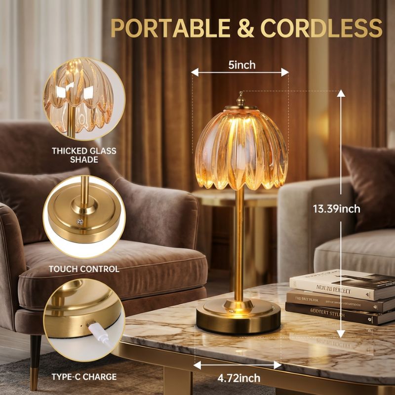Modern cordless table lamps for living room use with touch control and green tulip design.
