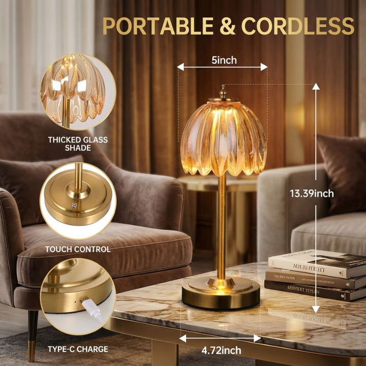 Modern cordless table lamps for living room use with touch control and green tulip design.